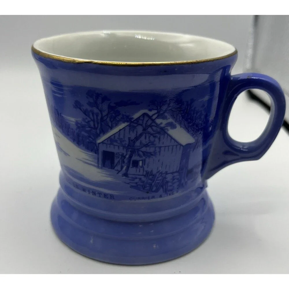 Vintage Currier And Ives Shaving Mugs Blue & White Lot of 4 Different Designs